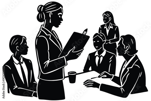 Business meeting vector illustration of teamwork discussion and strategy analysis in monochrome