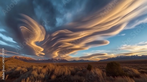 Sunset lenticular clouds over desert mountains