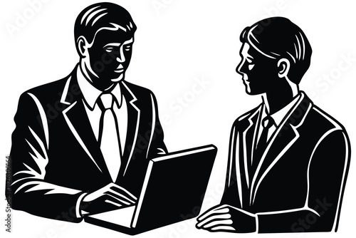 Business meeting with laptop black and white illustration professional discussion collaboration