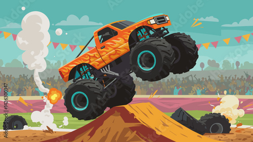 Vector illustration of a monster truck performing a stunt over a ramp with a cheering crowd and colorful background