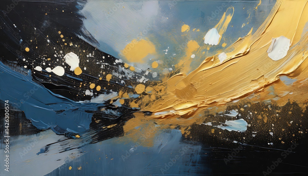 Vibrant Abstract Artwork Striking Palette of Gold, Black, Blue and Gray on Canvas, Interior Painting Showcasing Textured Layers and Intense Emotional Energy