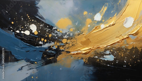 Obraz na płótnie Vibrant Abstract Artwork Striking Palette of Gold, Black, Blue and Gray on Canvas, Interior Painting Showcasing Textured Layers and Intense Emotional Energy w salonie