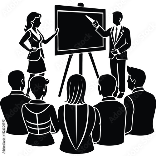 Business presentation with team collaboration vector graphics for corporate training sessions