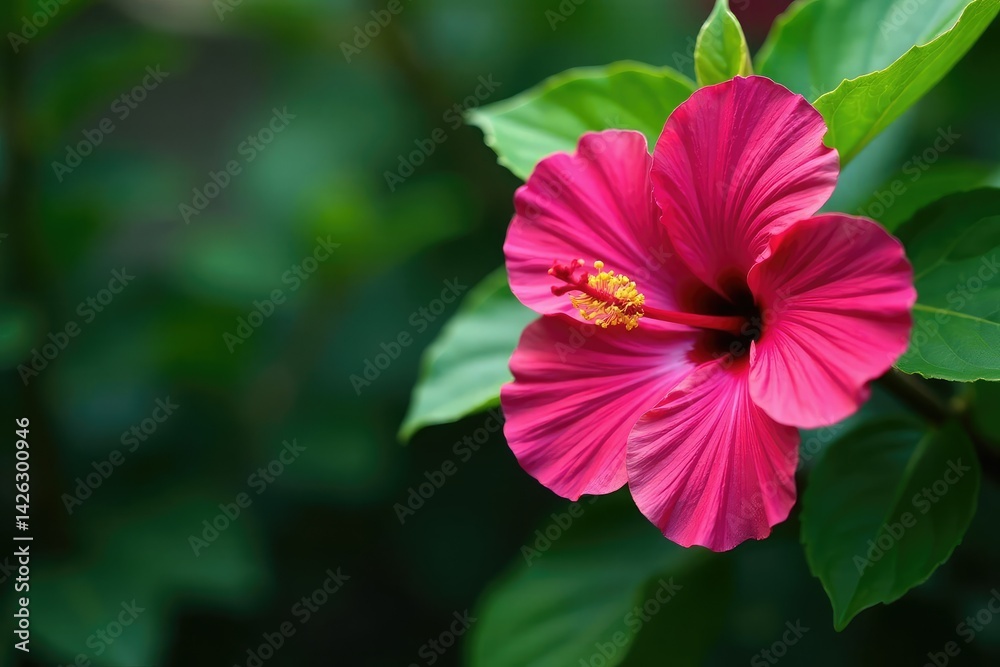 Fototapeta premium Bold fuchsia hibiscus blossoms, lush green leaves , leaves, vibrant, floral