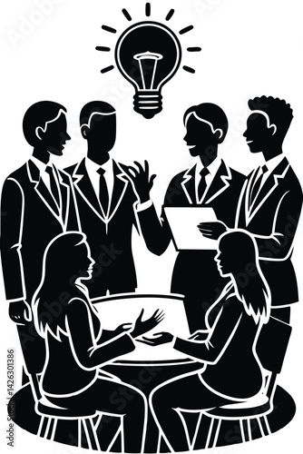Business team meeting generating creative ideas under light bulb vector illustration