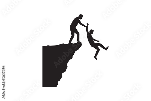 Helping Hand in Danger - Rescue Silhouette on Cliff Edge