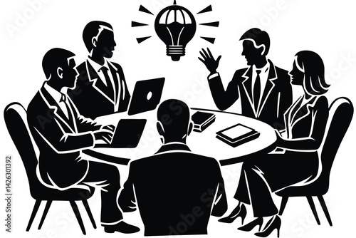 Business team meeting generating ideas brainstorming around table with lightbulb vector illustration