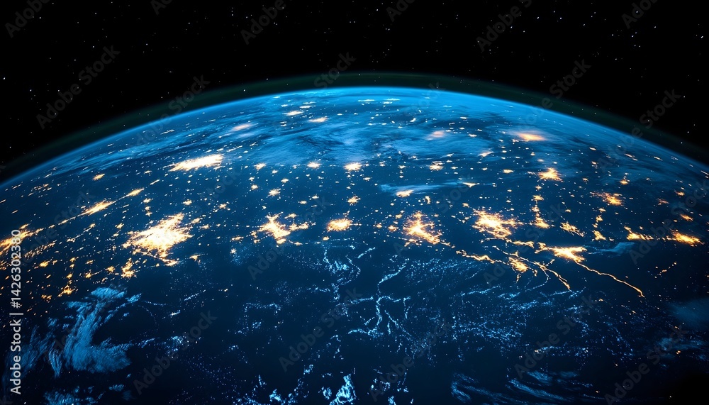 Obraz premium Night Earth, city lights glowing against dark space