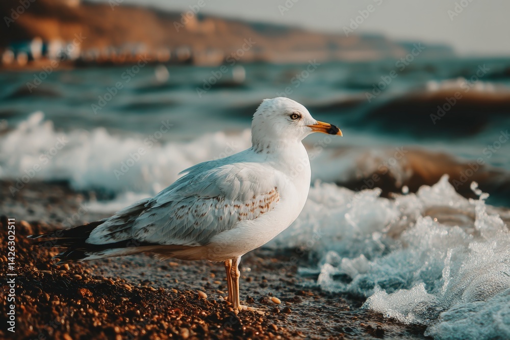 Fototapeta premium Seagull standing on the shore, observing waves at sunset in a coastal area during late afternoon