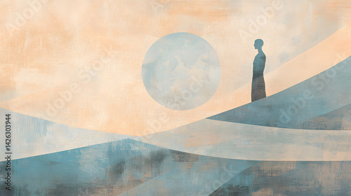 Obraz na płótnie Abstract shapes drawn from serene geometric landscape in soft blue beige tones represent mental balance, clarity, emotional stability and inner peace in environment of wisdom, health inspiration. w salonie