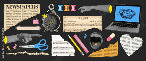 Retro Old Newspaper Collage Collection. School stationery elements, paper scraps and collage elements like hand, mouth, clock. Clip-art suitable for scrap-booking.