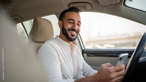 A young man is smiling and checking his smartphone while seated in the driving seat of a contemporary vehicle.