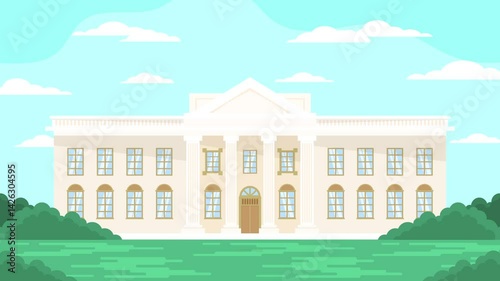 American White House with blue sky and grass animated illustration background video motion graphic