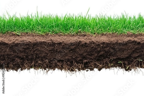 Lush green grass atop rich brown soil, roots visible