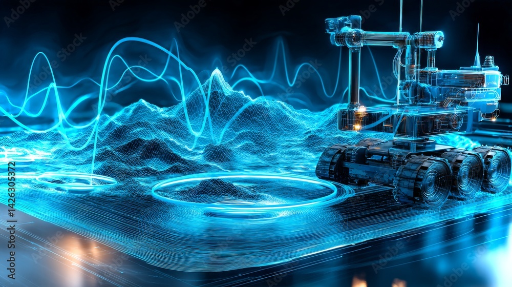 Reinforced mining robot analyzes seismic data in a futuristic environment
