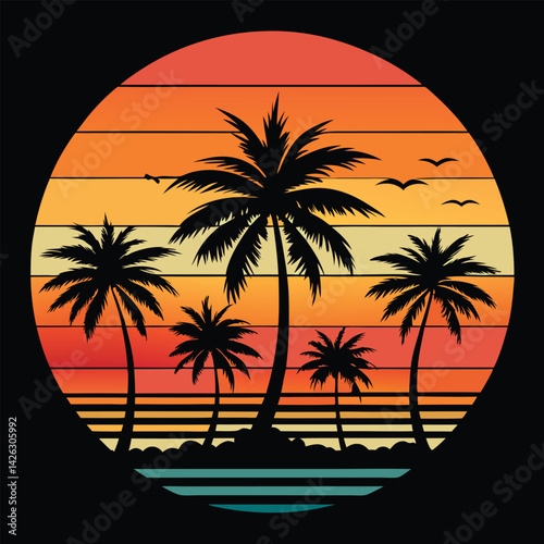 A tropical beach sunset silhouettes a lone figure near palm trees under a vibrant summer sky