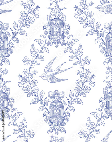 Swallow Bird and Floral Seamless Pattern: Elegant Vector Illustration for Fabrics, Wallpapers, and Packaging Design