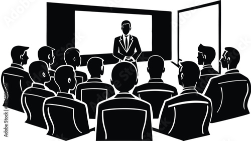 Business presentation with audience in black and white simplified graphic style