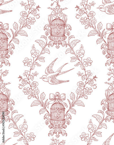 Swallow Bird and Floral Seamless Pattern: Elegant Vector Illustration for Fabrics, Wallpapers, and Packaging Design