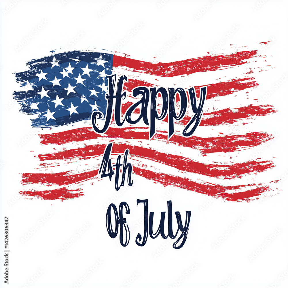 Imagem do 4 de julho, com a bandeira dos EUA ao fundo, celebrando o Dia da Independência. A cena é vibrante, com destaque para as cores vermelha, branca e azul, simbolizando a festividade americana