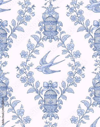 Swallow Bird and Floral Seamless Pattern: Elegant Vector Illustration for Fabrics, Wallpapers, and Packaging Design