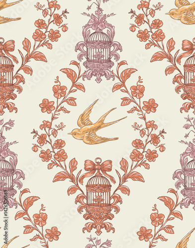 Swallow Bird and Floral Seamless Pattern: Elegant Vector Illustration for Fabrics, Wallpapers, and Packaging Design