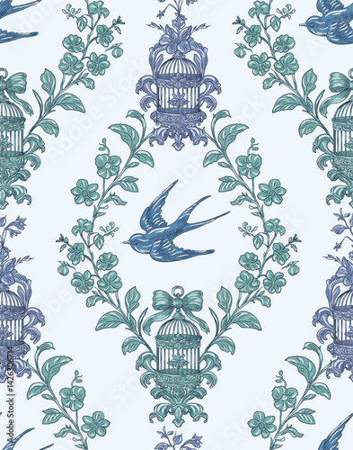 Swallow Bird and Floral Seamless Pattern: Elegant Vector Illustration for Fabrics, Wallpapers, and Packaging Design