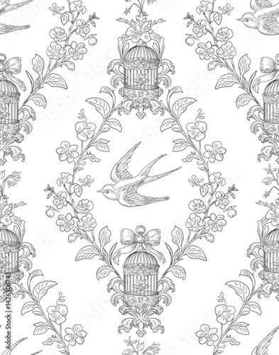 Swallow Bird and Floral Seamless Pattern: Elegant Vector Illustration for Fabrics, Wallpapers, and Packaging Design