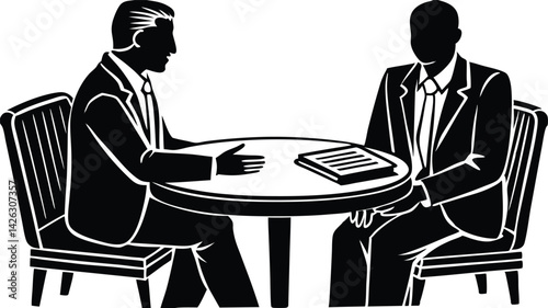 Businessmen sitting at table discussing deal black and white illustration