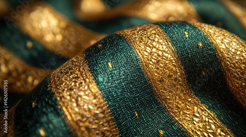Luxurious Teal Fabric with Intricate Gold Embroidery and Subtle