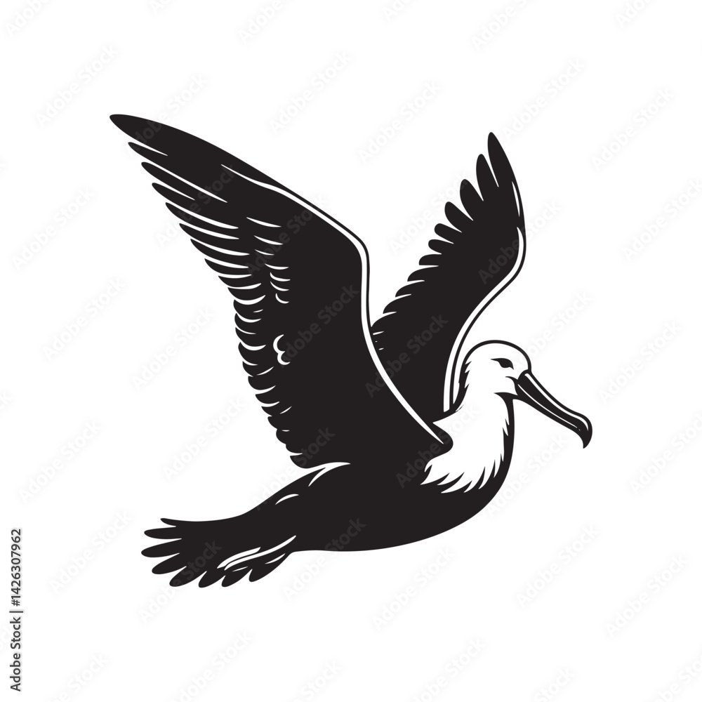 Obraz premium Soaring Albatross Silhouette Vector - Majestic Seabird Design Perfect for Nautical Art - Illustration of Albatross.