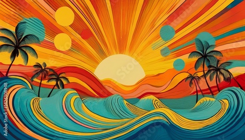 beautiful abstract illustration of retro summer sun groovy sunshine waves vintage grunge background, graphic resource