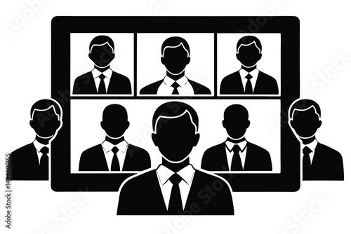 Black and white illustration of a virtual meeting with business professionals