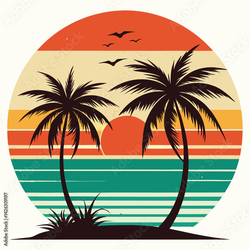 A tropical beach sunset silhouettes a lone figure near palm trees under a vibrant summer sky