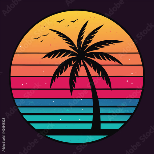 A tropical beach sunset silhouettes a lone figure near palm trees under a vibrant summer sky