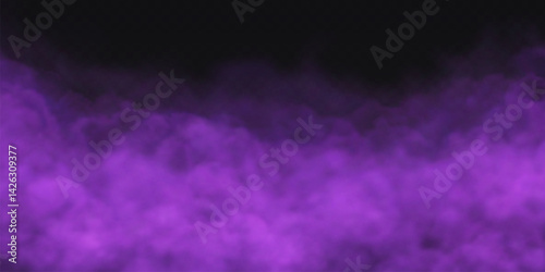 Purple smoke cloud on black transparent background. Fog vector effect.