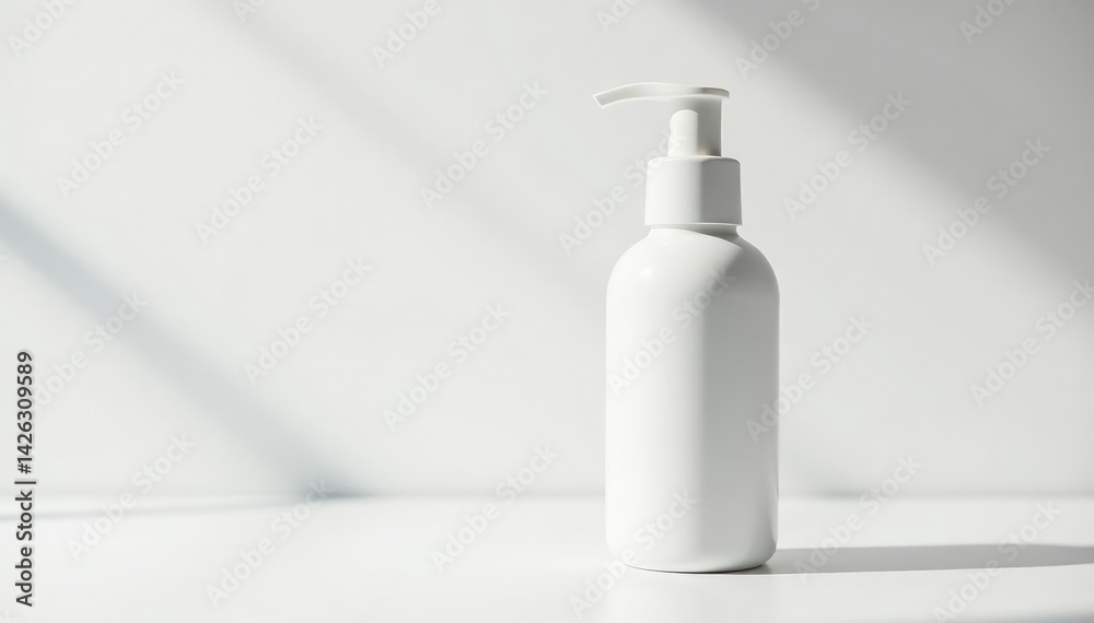 Close-up of pristine white skincare bottle against white, luxury, shine, treatment Close-up of pristine white skincare bottle against white, luxury, shine, treatment