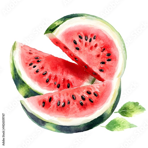 Hand-painted watermelon slices—fresh, juicy summer fruit illustrated in a vibrant botanical watercolor style