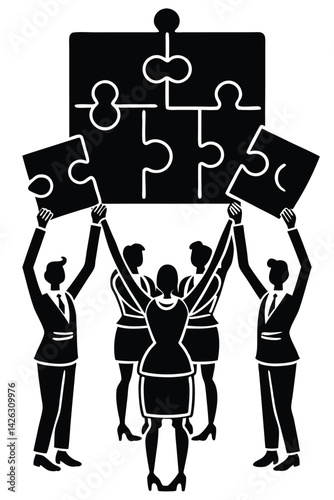 Business team assembling puzzle pieces concept of teamwork and collaboration to achieve goals