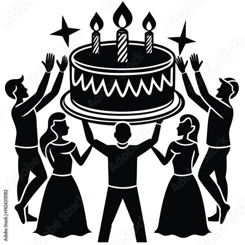Celebratory gathering lifts a birthday cake with candles in black and white