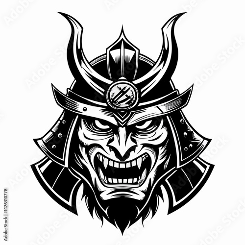 Fierce Samurai Warrior Mask in Black and White  Illustration