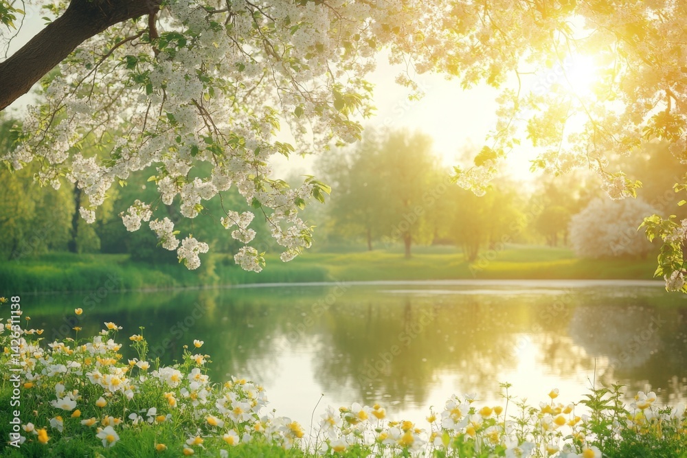 Obraz premium Spring morning light reflects on peaceful lake surrounded by blooming flowers and lush greenery in a serene park setting