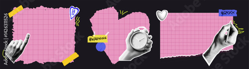 A collection of pink torn notebook papers. With elements of collage hands and stickers. Scotch tape and marker sketches. Modern punk notes.