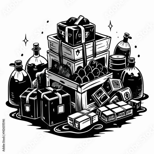 Vintage Black and White Illustration of Collected Pirate Loot and Treasures