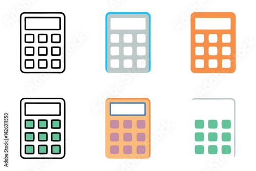 Modern line art calculator illustrations in various styles, ideal for technology, finance, and math applications, line art icon set
