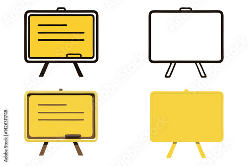 Set of line art icons featuring a variety of chalkboards and whiteboards in different styles and colors, ideal for educational and office settings, line art icon set