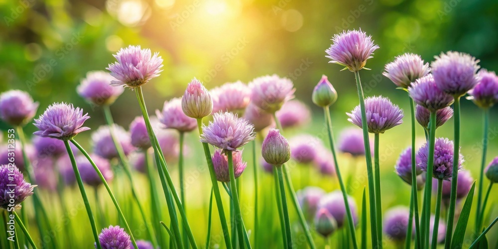 Vibrant purple blossoms bathed in warm sunlight, a picturesque summer meadow scene of delicate wildflowers