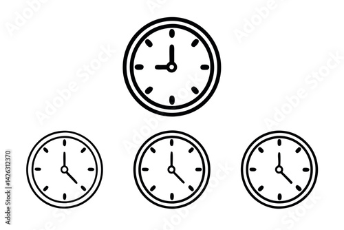 Collection of minimalistic line art clock illustrations, perfect for time management, digital, and educational applications, line art icon set