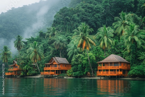 Tropical wooden cabins beside calm waters surrounded by lush greenery in a serene coastal landscape