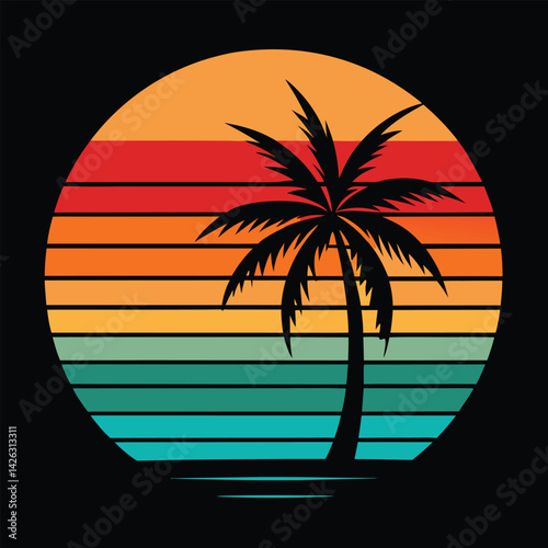 A tropical beach sunset silhouettes a lone figure near palm trees under a vibrant summer sky